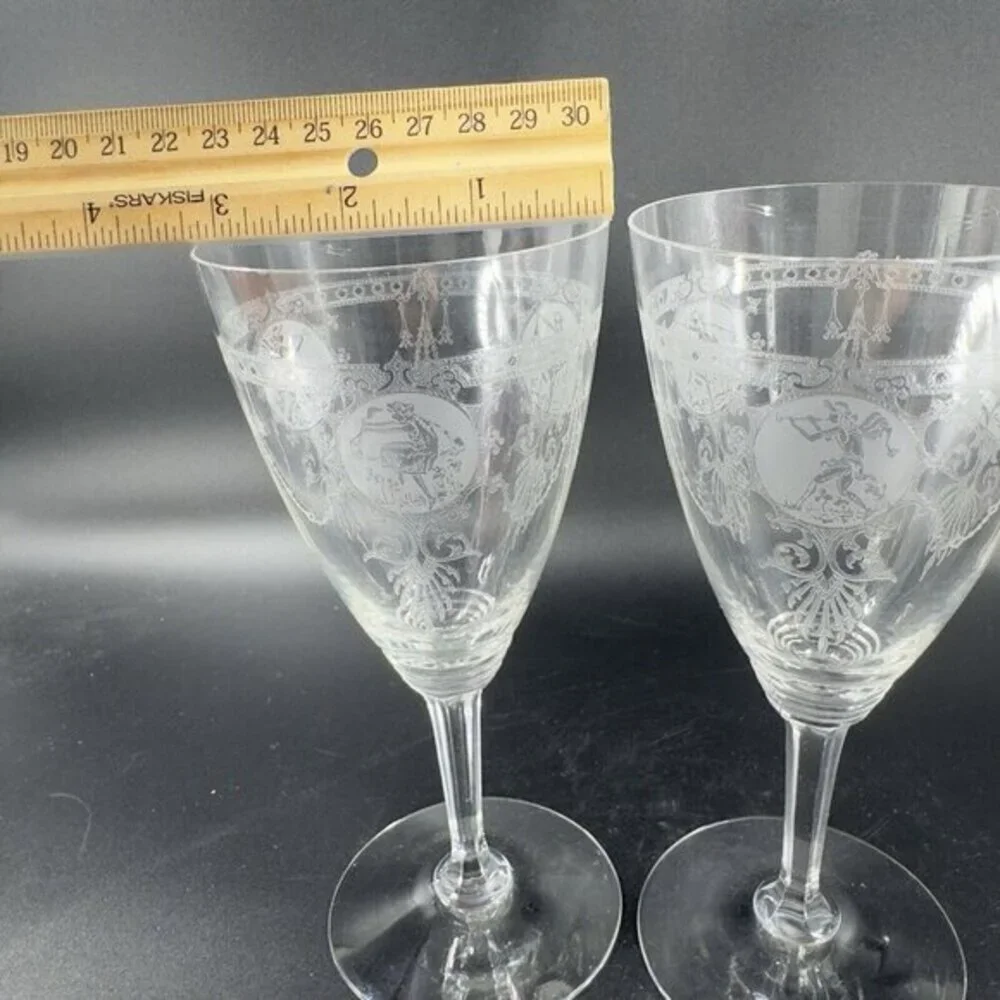 Heisey Pied Piper Etched Crystal Water Goblet Delicate Stemware Glasses Set‎ 2